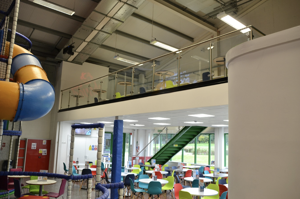 What is a mezzanine floor | Retail mezzanine floor in a children's play area with a slide.