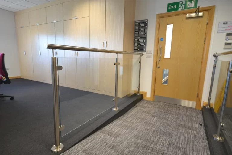 Nursing Hygiene | Modern office space with glass railing.