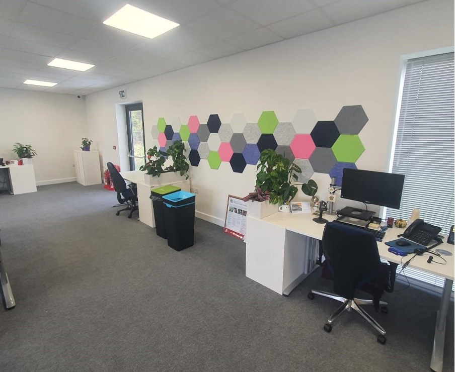 Acoustic panelling on wall of office